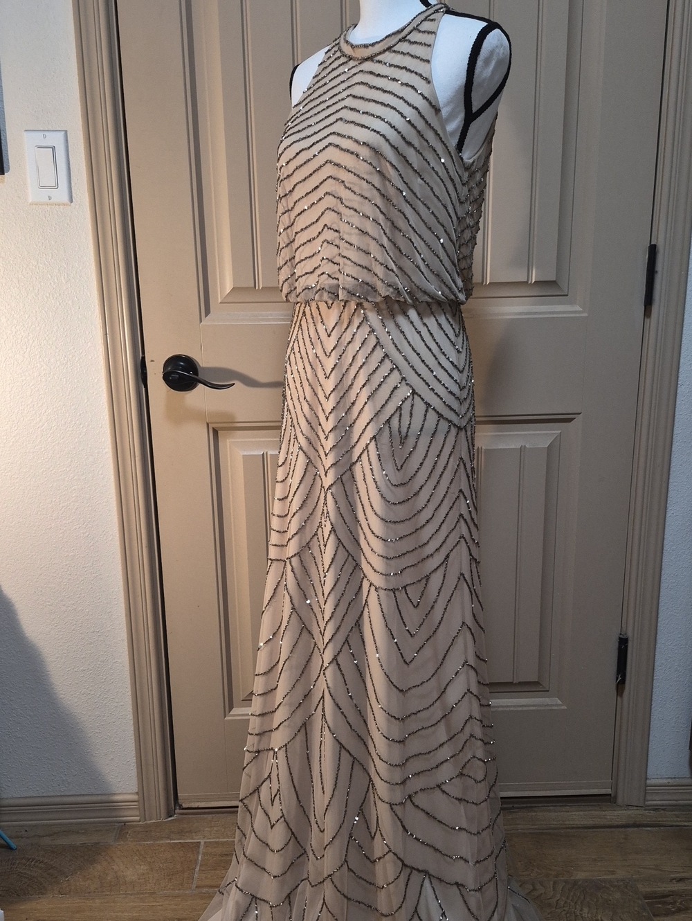 Adrianna Papell Beaded Champagne Blush Maxi Dress
